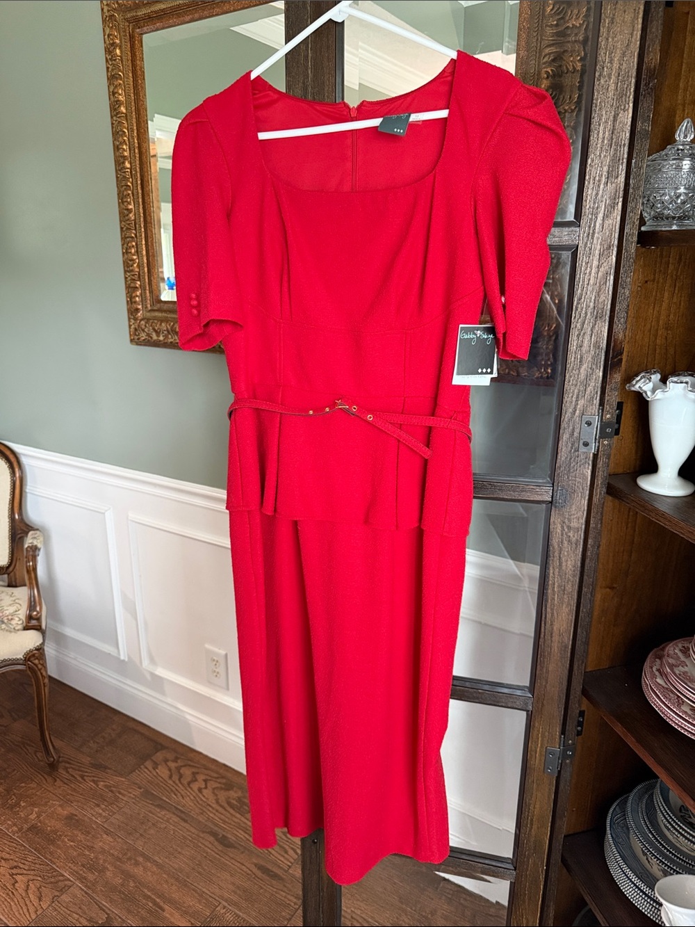 Gabby Skye Vibrant Red Square-Neck Midi Dress with Belt Size 10